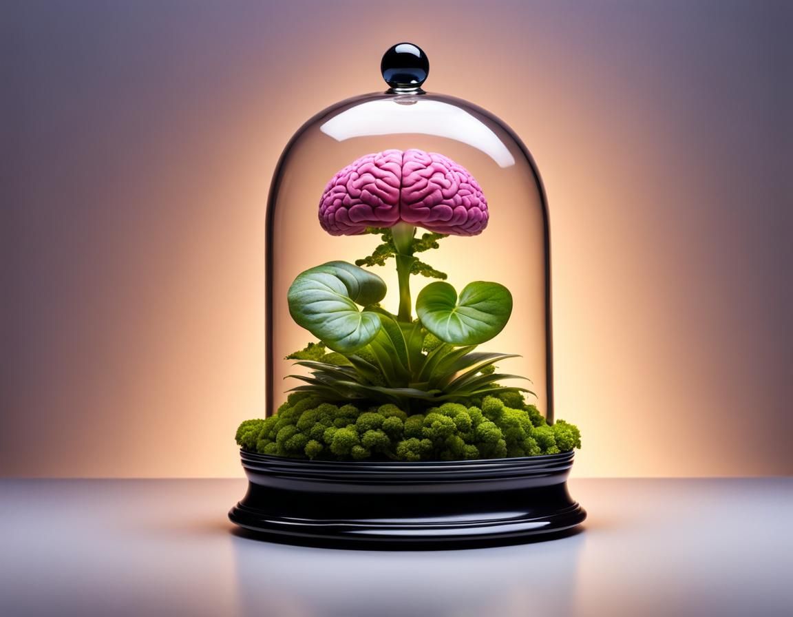 Magical Plant with glass cloche holding brain, mystical powers, fantastic, intelligent, omnipotent