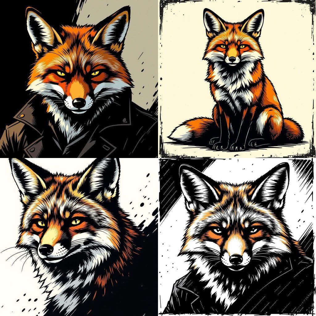 Gritty Noir Fox Illustration in Graphic Novel Style