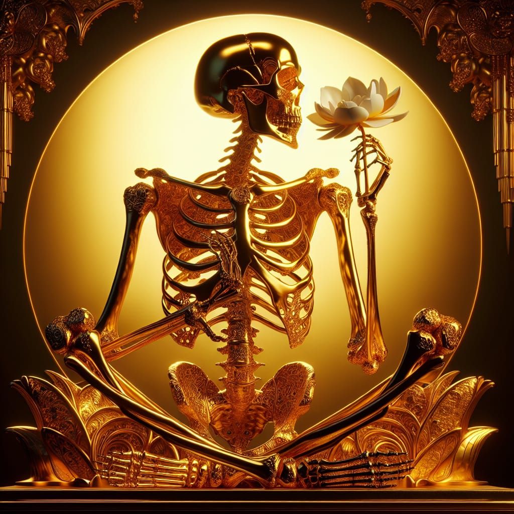 Golden Skeleton Contemplates in Ornate, Art Nouveau Style