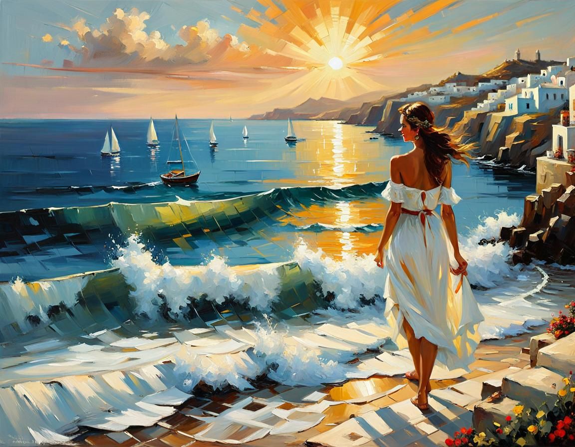Greek Island Sunset in Retro Oil Painting Style