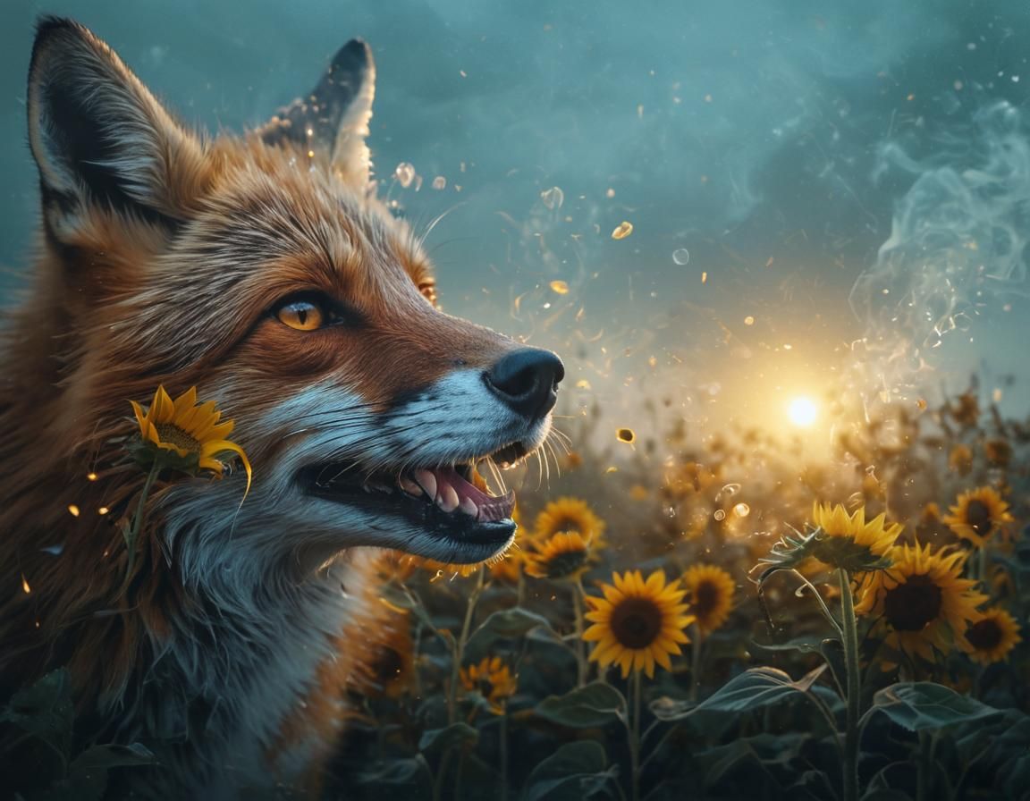 Fox Face with Sunflowers in Double Exposure Style