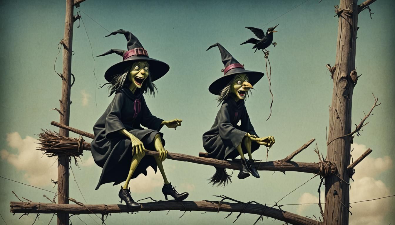 Create an image of  photo realistic image of a funny, goofy caricature of a distressed looking witch on a broom who cras...