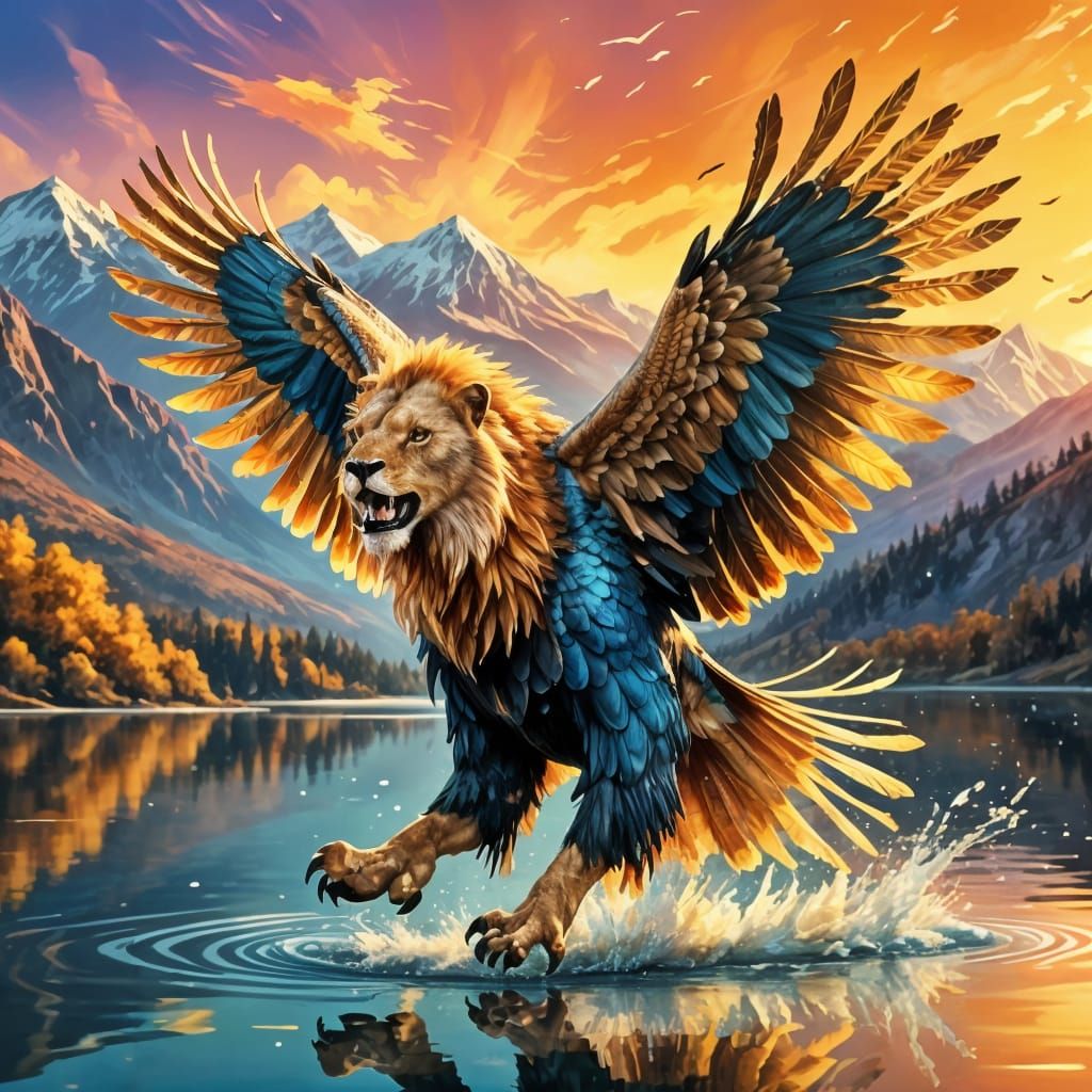 Turkey-Lion Hybrid Glides Over Lake at Sunset
