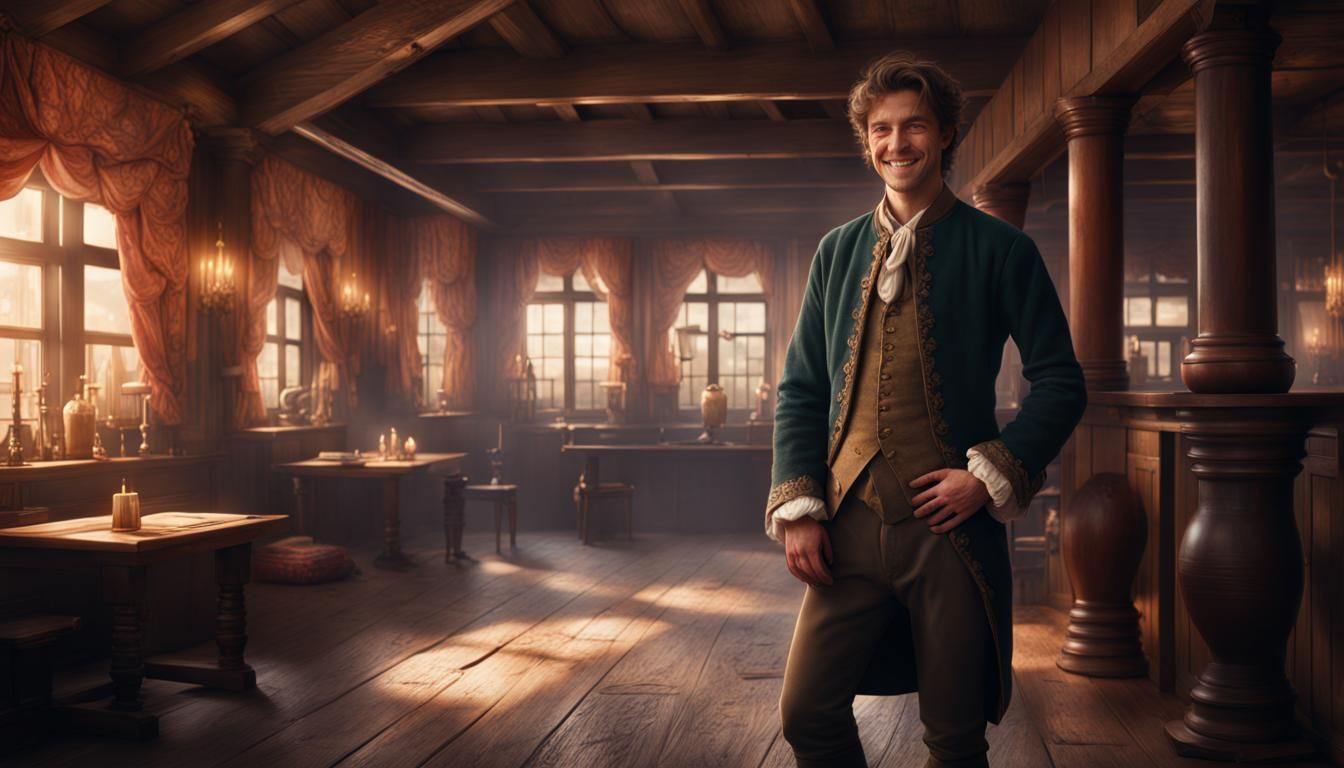 Smiling Man in a Detailed Inn Painting