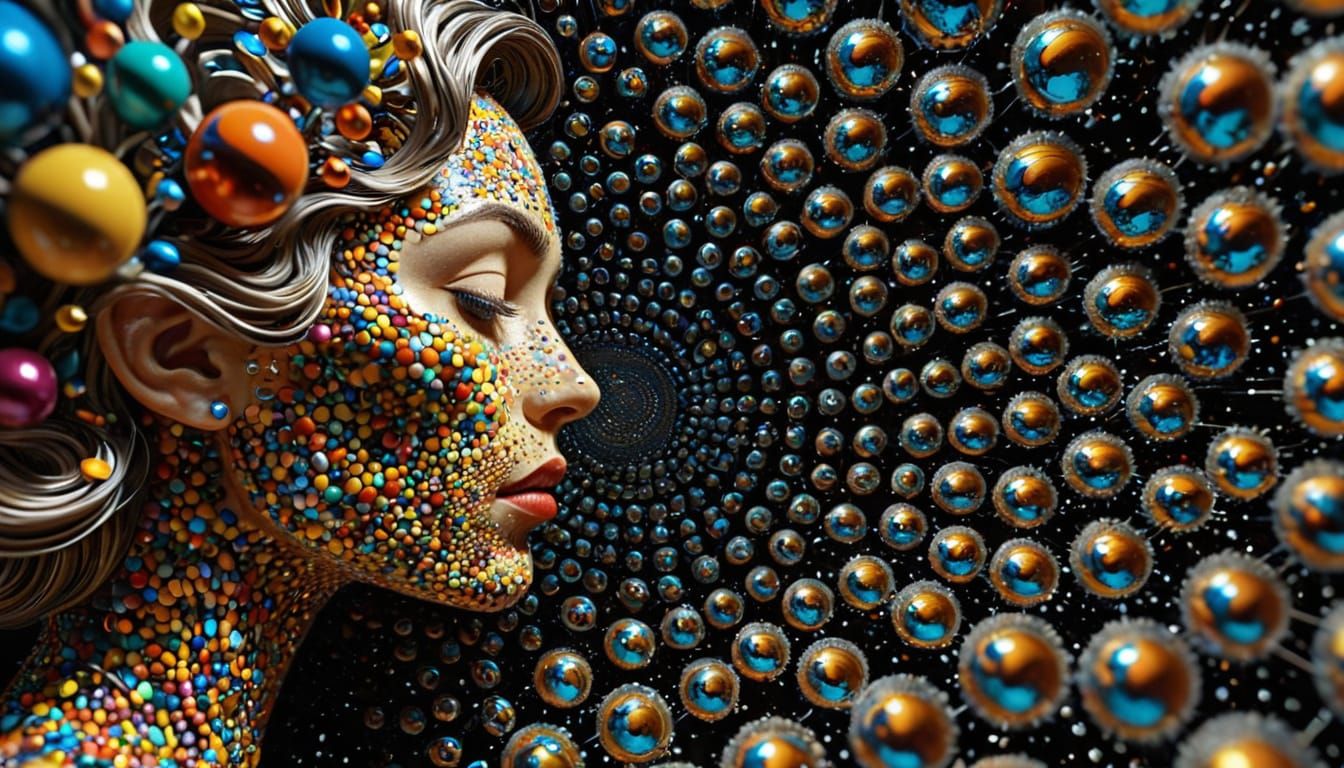 Surreal Woman's Face Made of Spherical Planet Keys