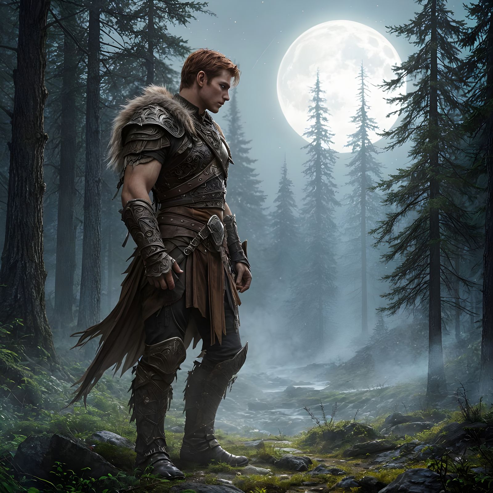 Elven Hunter Guarding Moonlit Forest Clearing