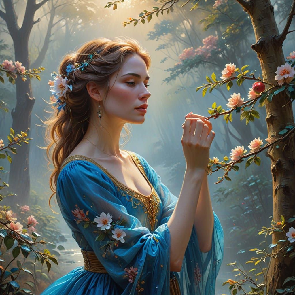 Ethereal Woman with Apple Branch in Gouache Style