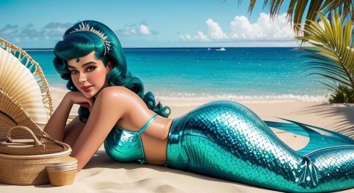 Retro Mermaid Relaxing on the Beach in Dappled Sunlight