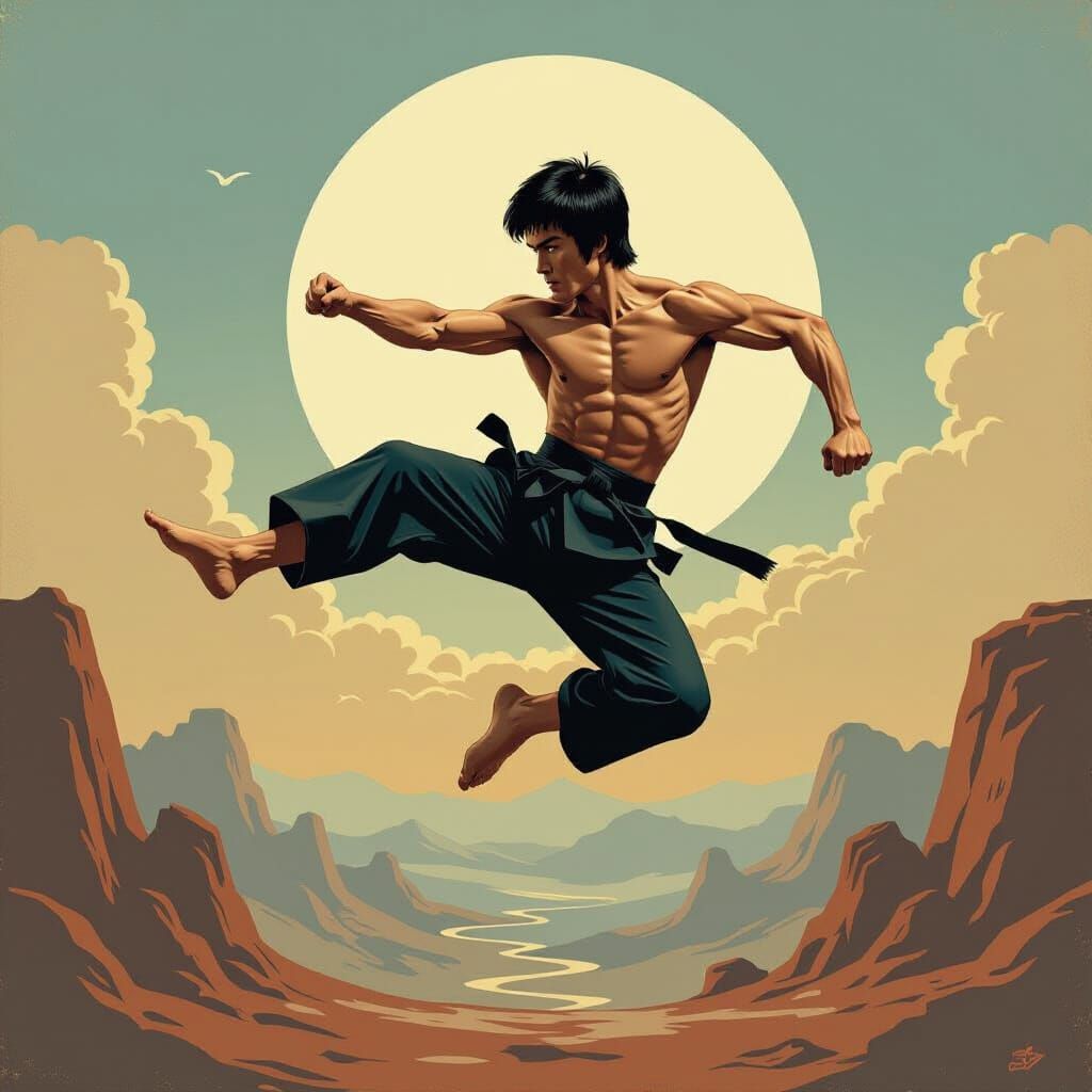 Bruce Lee in Surrealist Dreamscape, Oil on Canvas