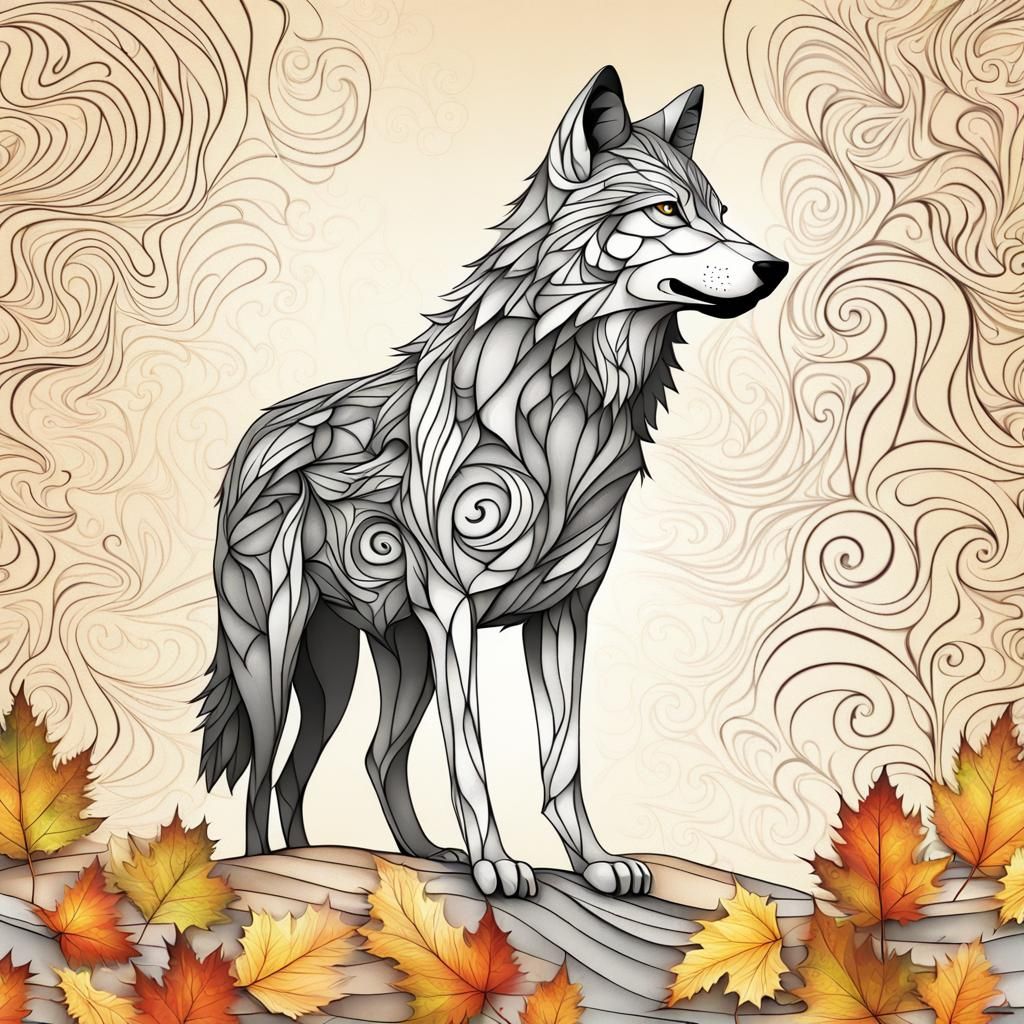 Peaceful Wolf in Autumn Forest with Fractal Details