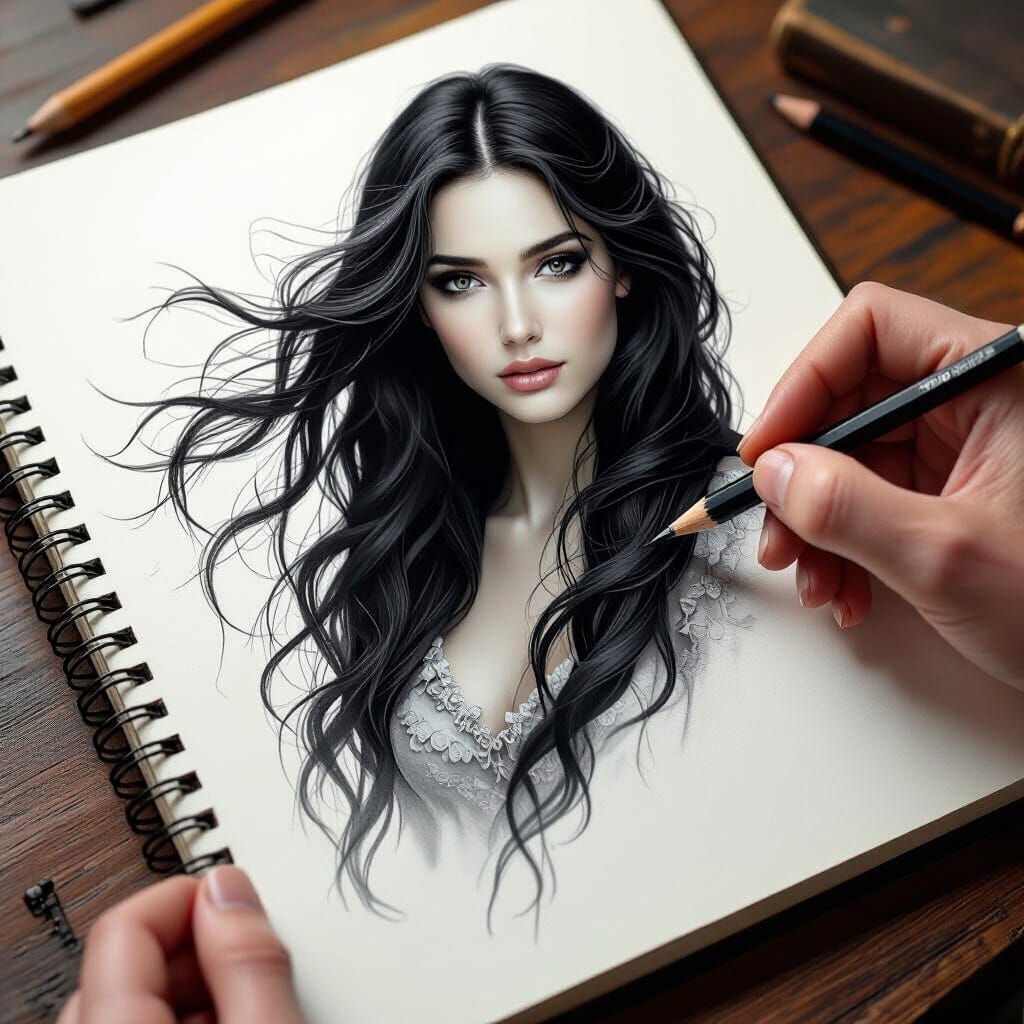 AI Art: Hand Writing Woman from Pencil on Desk