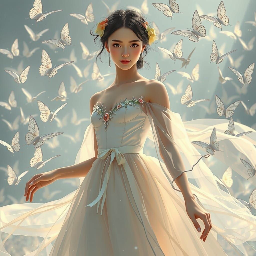 Asian Woman Surrounded by Butterflies: Hyperrealistic 8K