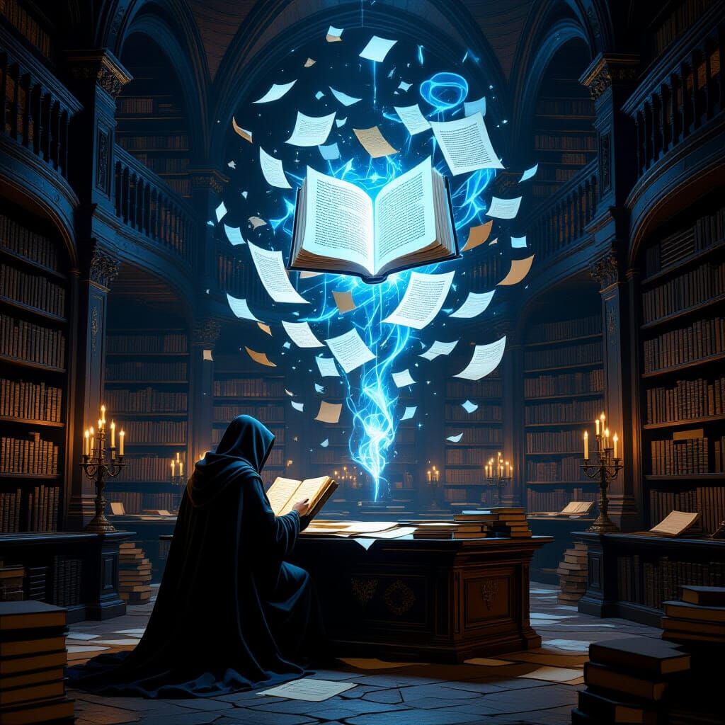 Hooded Figure Studies by Candlelight in Medieval Library