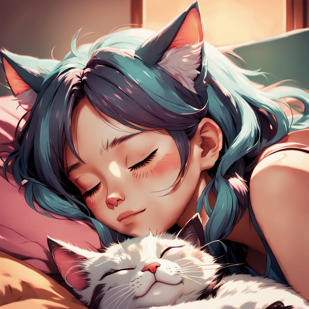 Cute Cat Girl Takes a Manga-Inspired Catnap