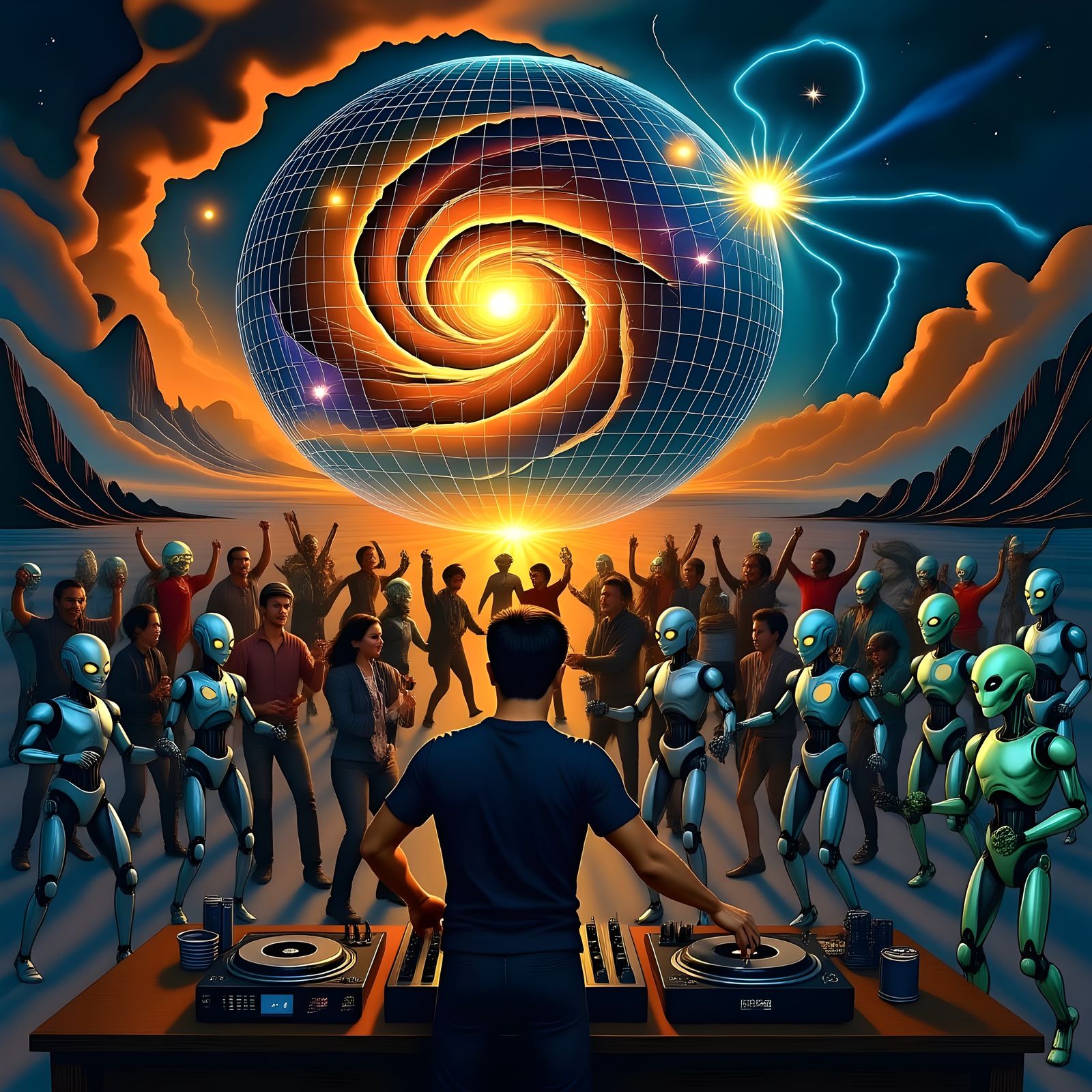Cosmic Disco Celebration with Robots and Aliens