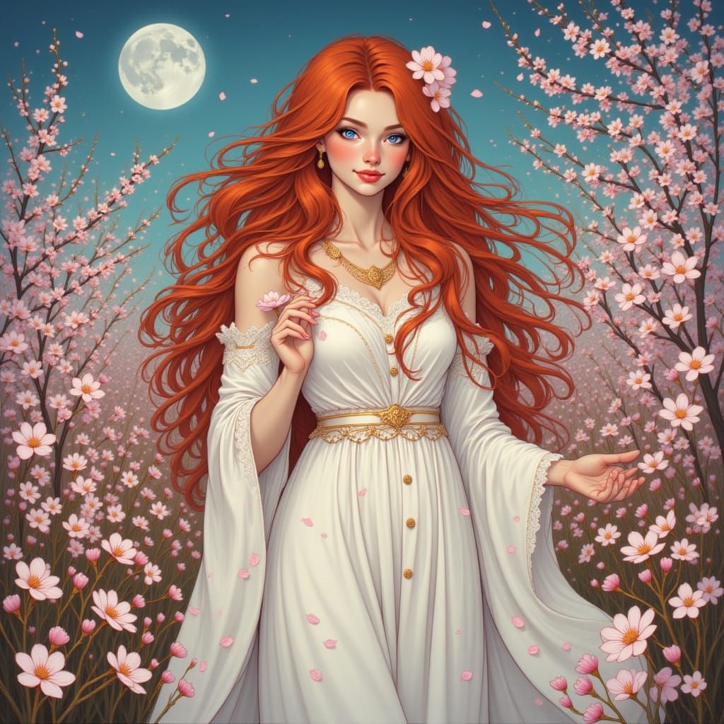 Ethereal Woman in Cherry Blossom Field Under Moonlight