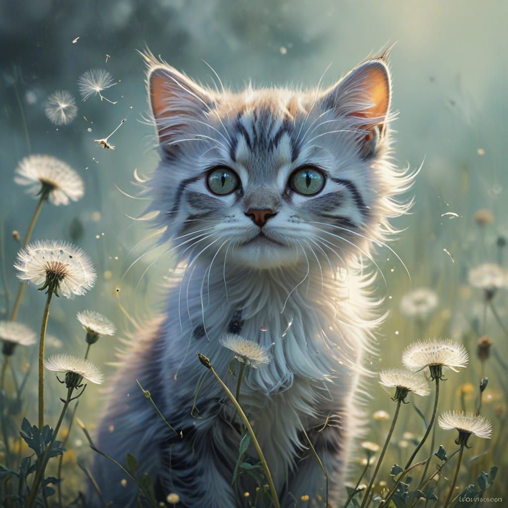 Kitten with Dandelion in Dreamlike Digital Art Style
