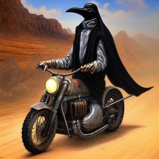 Plague Doctor Rides Motorbike: Oil Painting