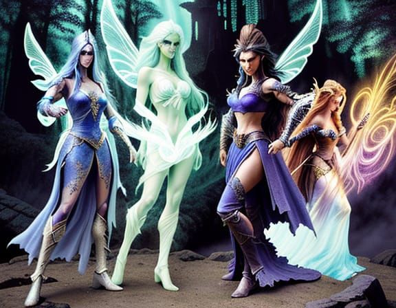 Epic Fantasy Scene with Adventurers and Heroines