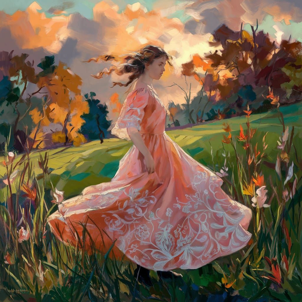 Woman in Salmon Dress in Impressionist Meadow Painting