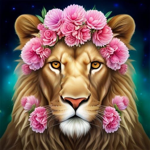 Lion with Floral Wreath: Hyperrealistic 8K Portrait