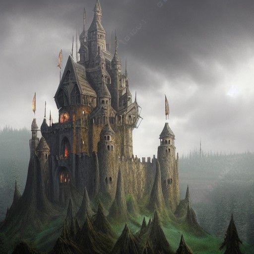 Dark Castle with Towers Under Cloudy Sky