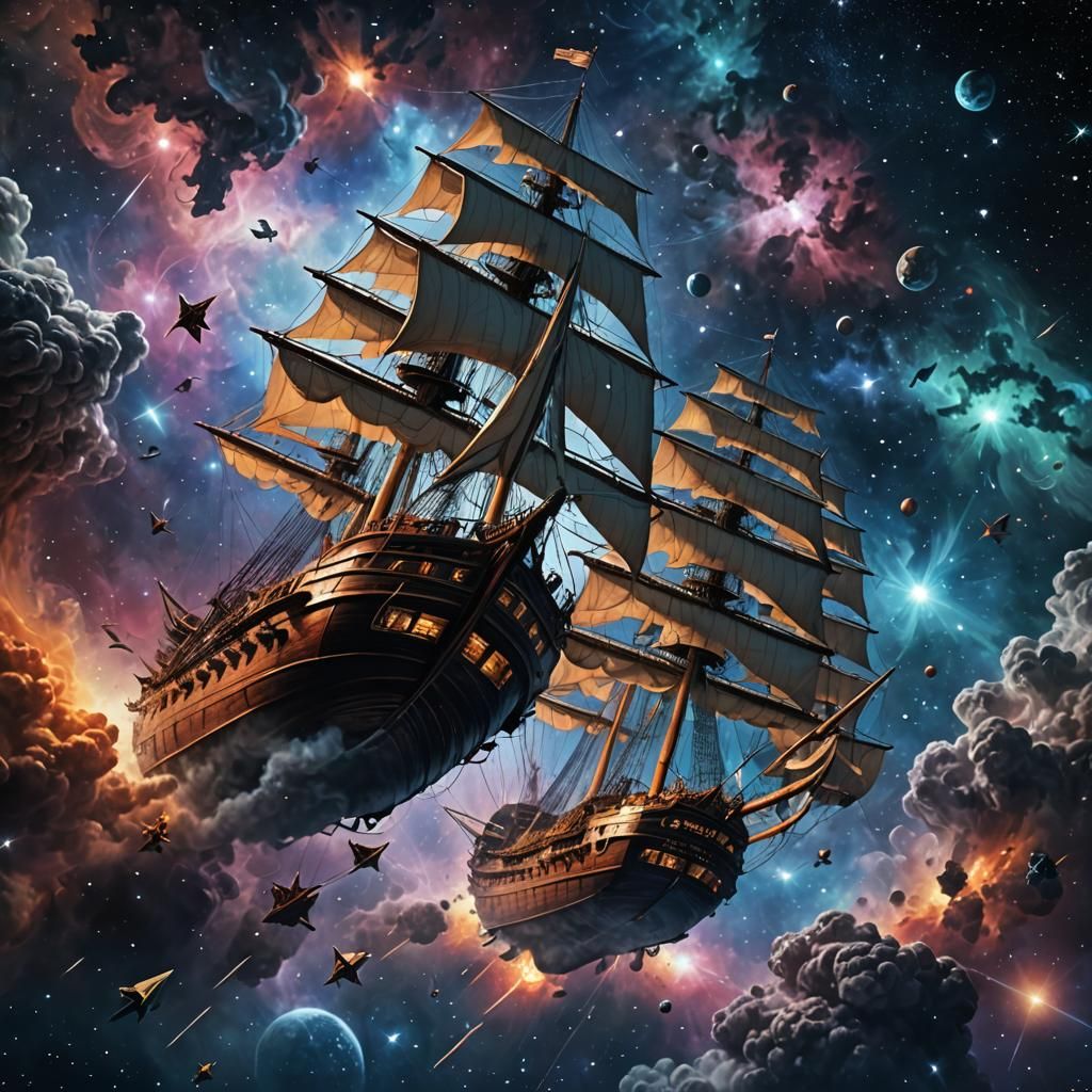 Wooden Sailing Ships Fleet in Nebula