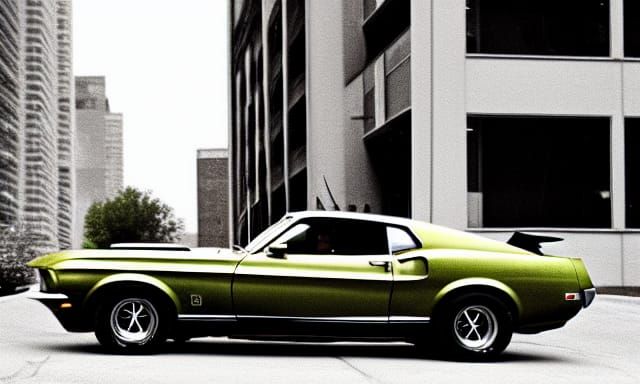 1969 Ford Mustang in Steampunk Cityscape