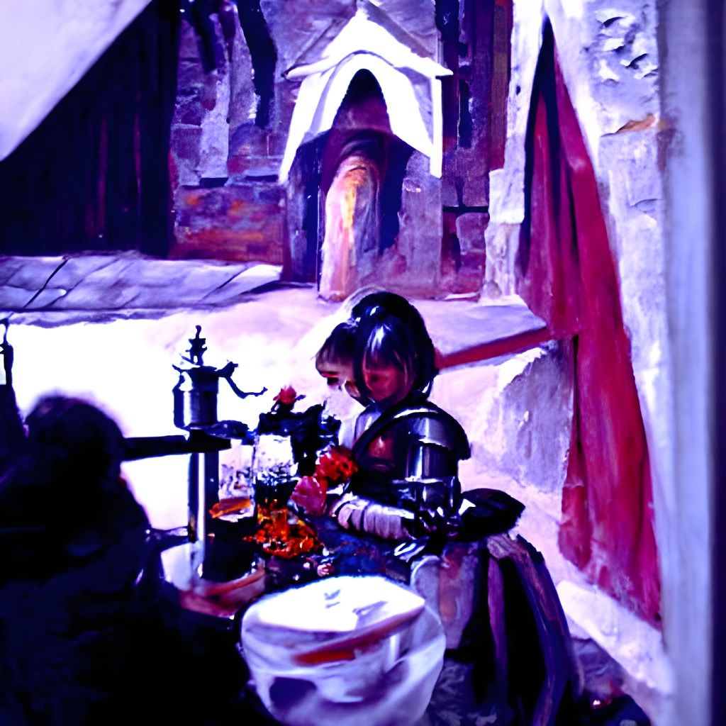 Girl Offers Rose to Knight, Oil Painting