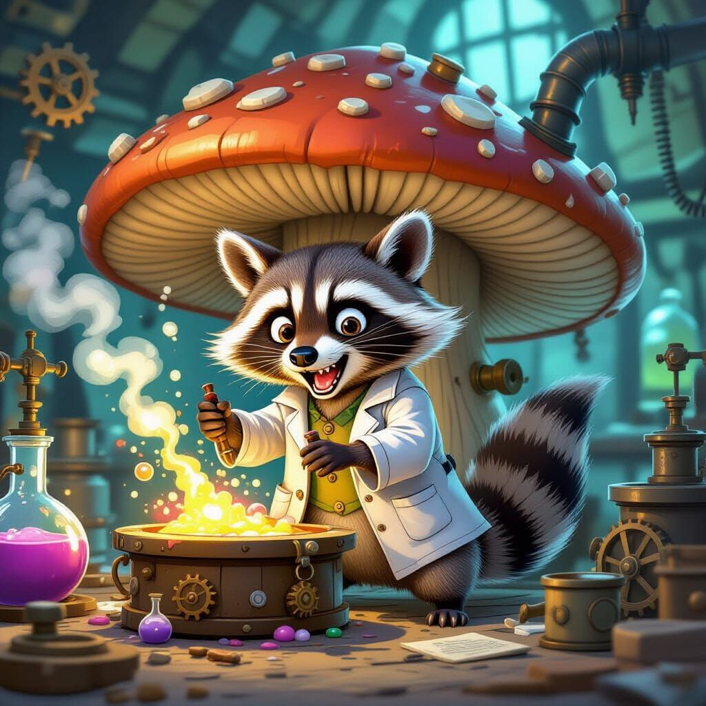 Steampunk Raccoon Alchemist in Mushroom Lab