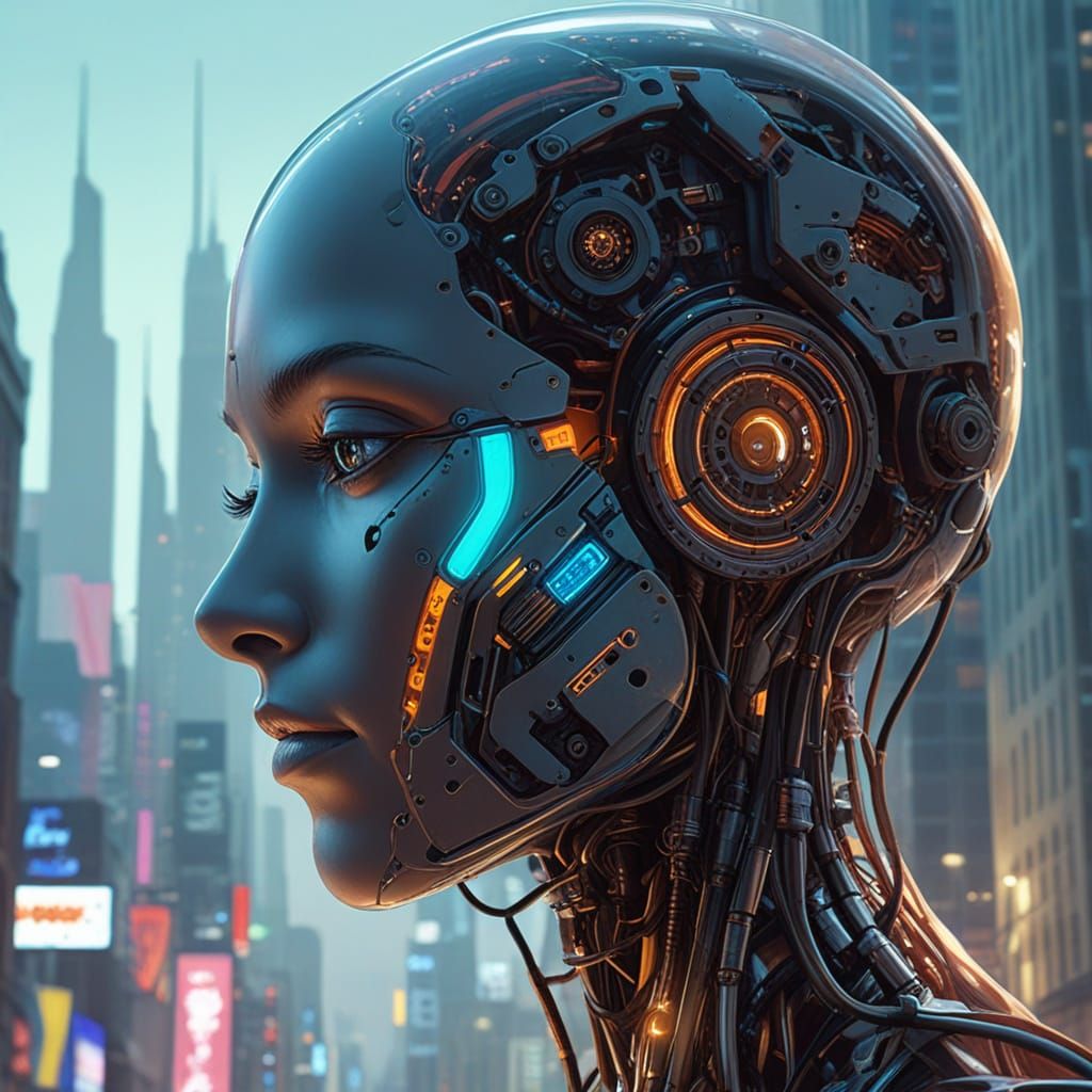Cybernetic Goddess with Futuristic Cityscape in Her Mind