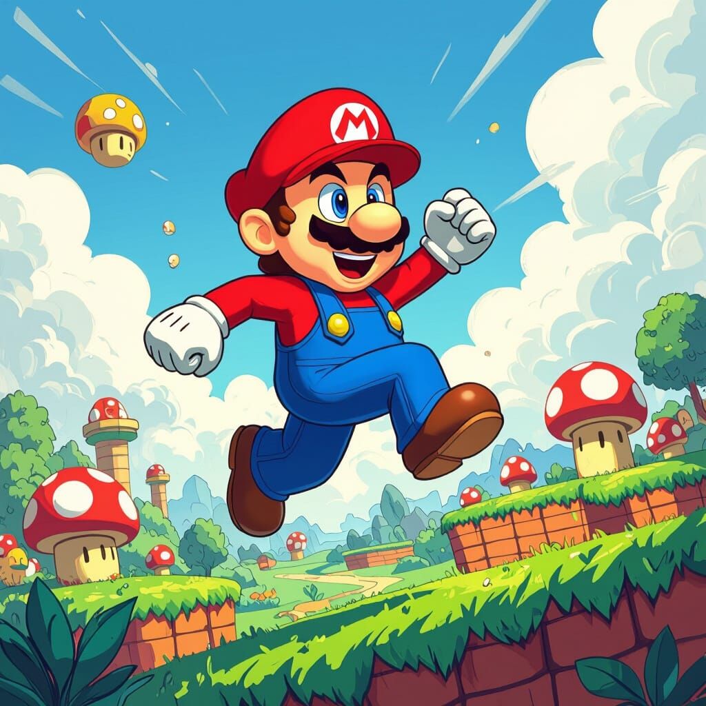 Mario Jumps in Vibrant Mushroom Kingdom