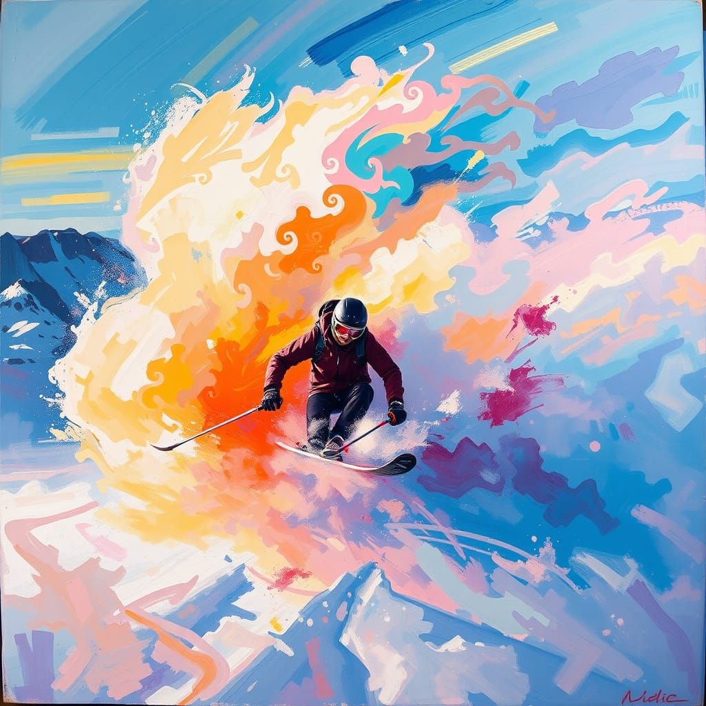 Skier in Colorful Mist: Abstract Expressionist Desert Landsc...