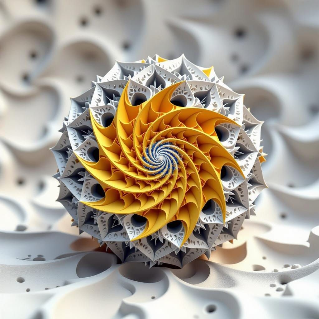 Alien Fractal Sculpture with Icy-Blue and Golden Lobes
