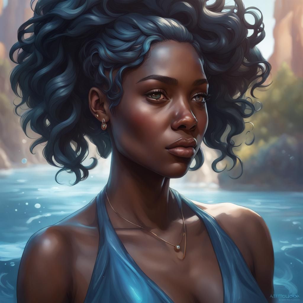 Blue Water Hair Portrait in Hyperdetailed Style