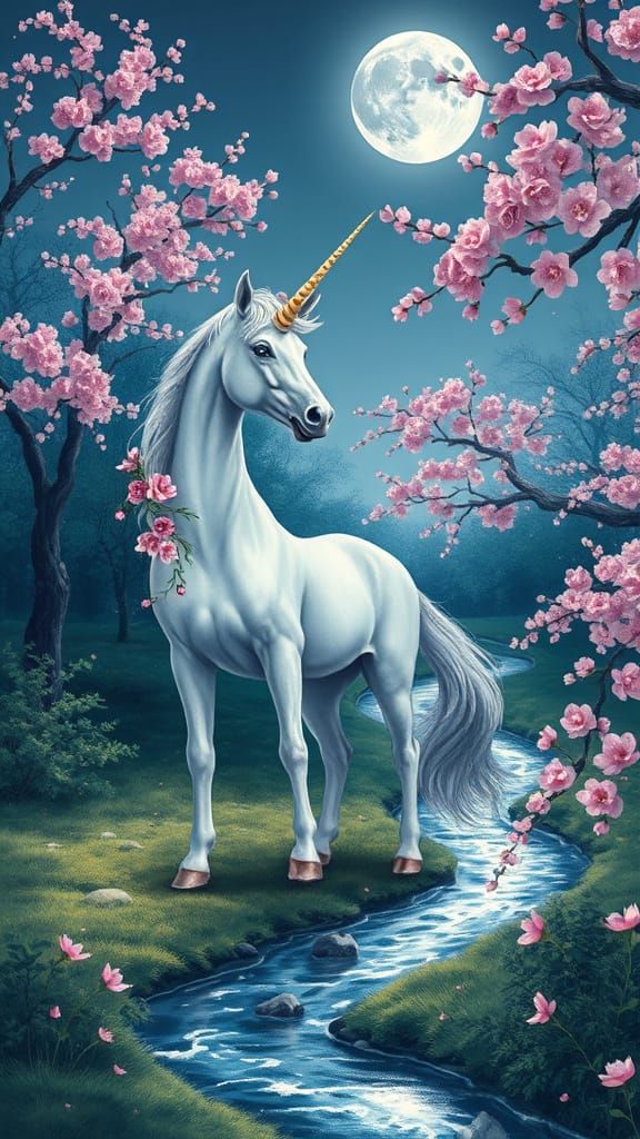 Ethereal Unicorn in Sakura Bloom Under Moonlight