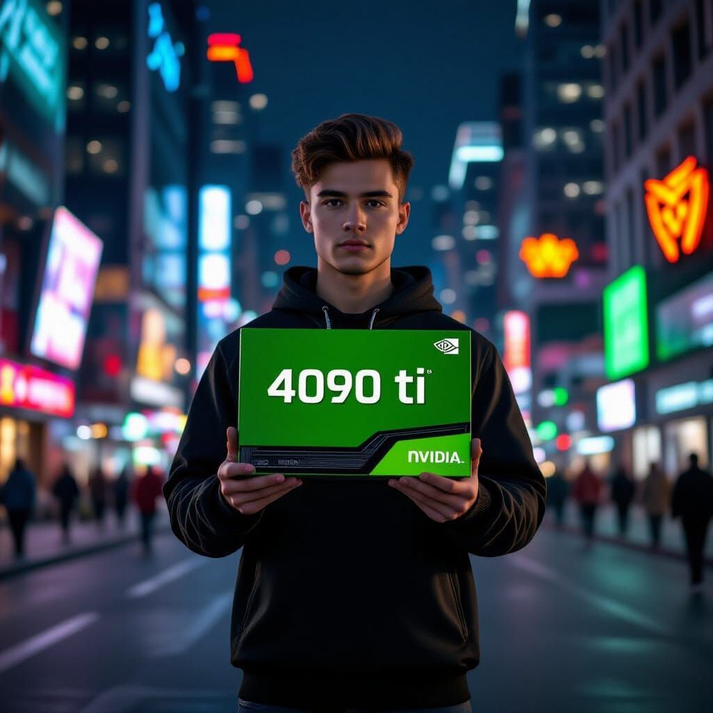 Man Holds Nvidia 4090 Ti Box with Robot Eye in Night City