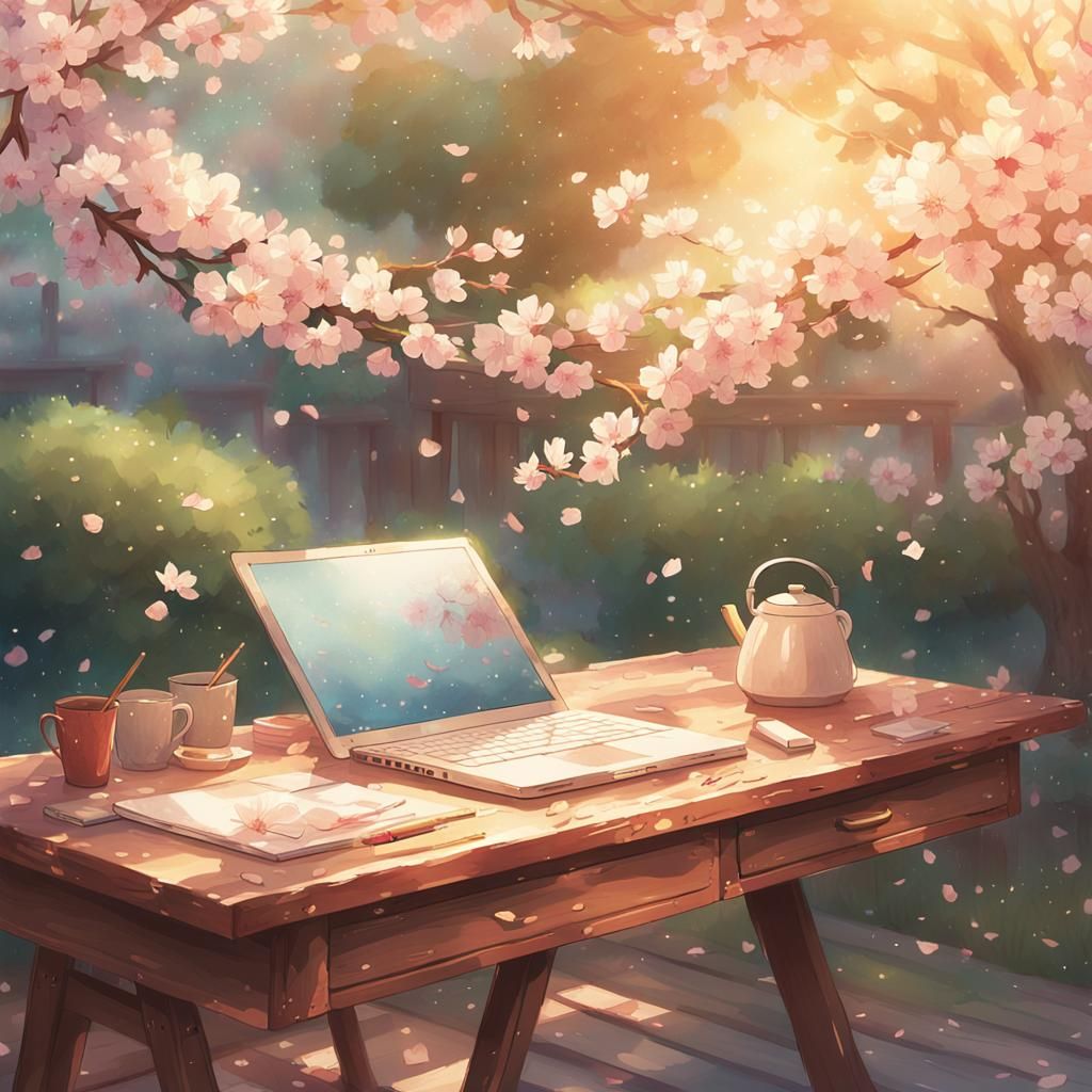 Wooden Desk in Garden: Vibrant Digital Anime Art