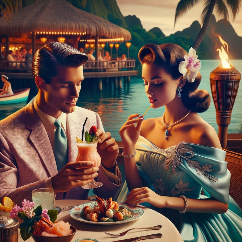 Romantic Evening at Polynesian Restaurant in 1950s Style