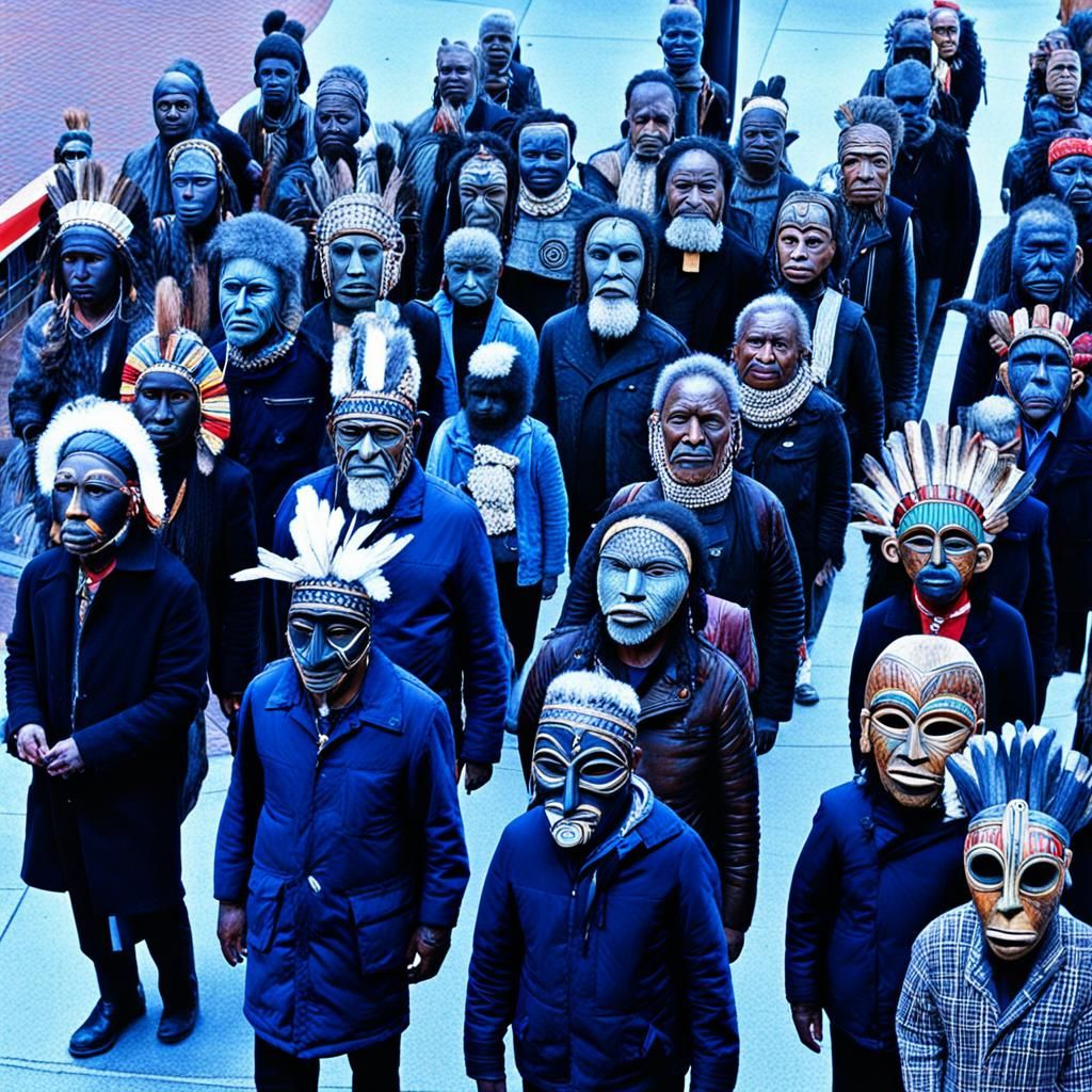 Line of Masked Figures Outside Theater Entrance