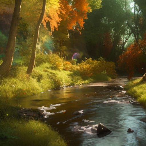Rainbow Over Stream: Hyperdetailed Concept Art