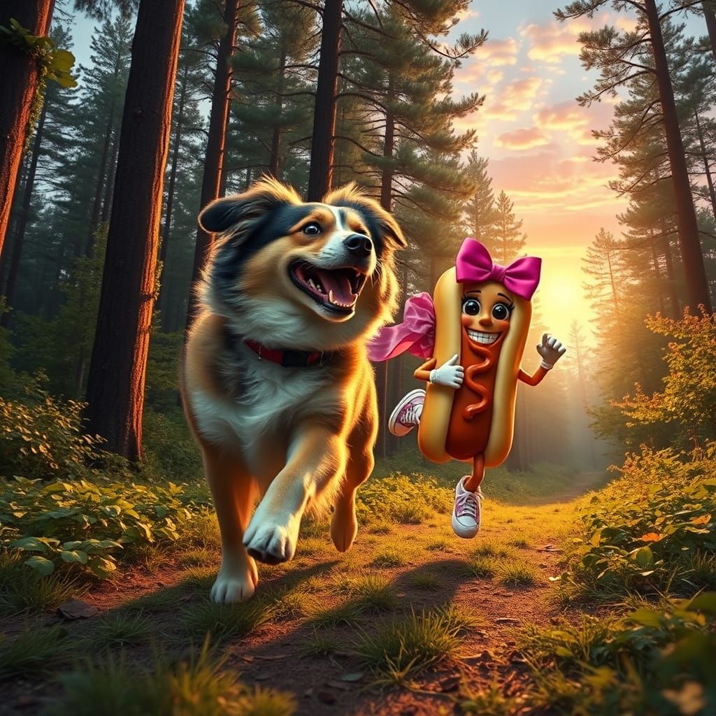 Dog Running From Hotdog in Hyperrealistic Forest Scene