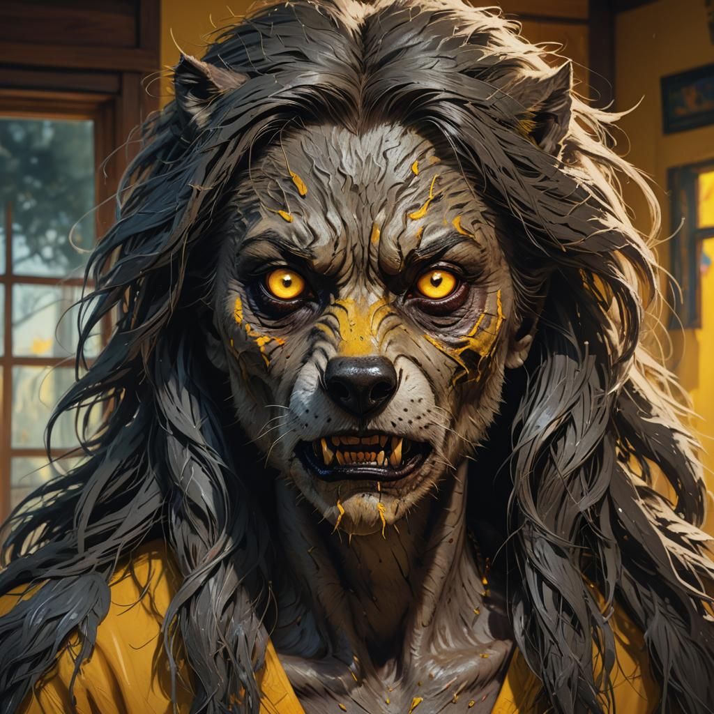 Hyperrealistic Female Werewolf Portrait with Yellow Eyes