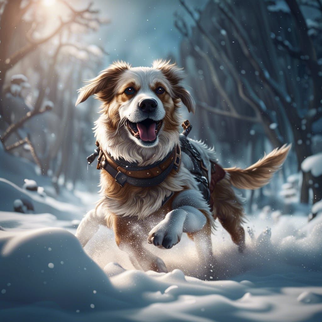 Dog's Joyful Snow Frolic: Detailed Fantasy Art