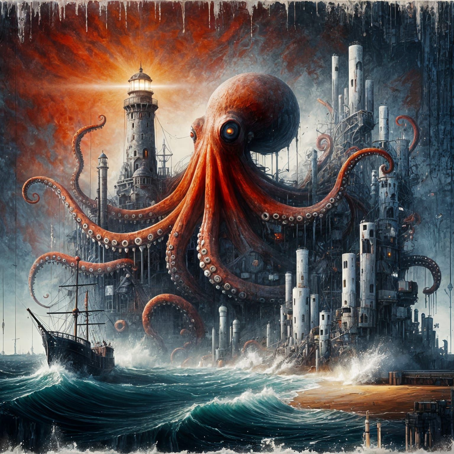 Giant Octopus Ascends Lighthouse in Abstract Style