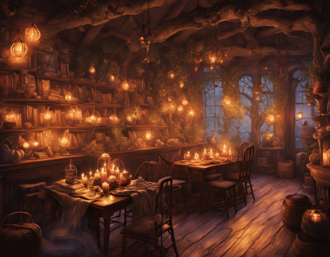 Enchanted Cafe Interior with Spellbooks and Potions