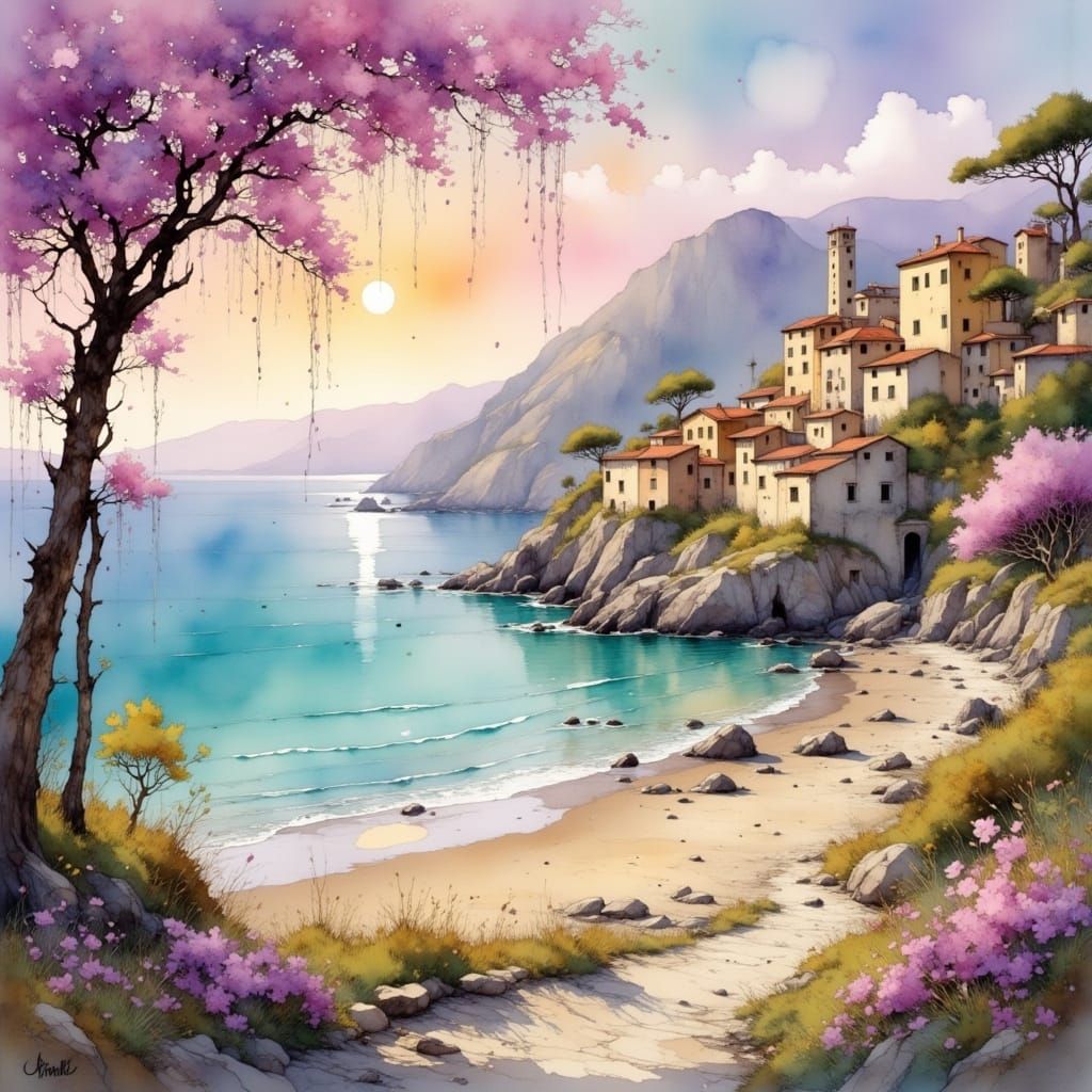 Surreal Pastel Italian Renaissance Village by the Seaside