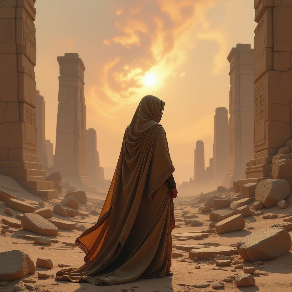 Woman in Ancient Ruins Under Nebula Glow