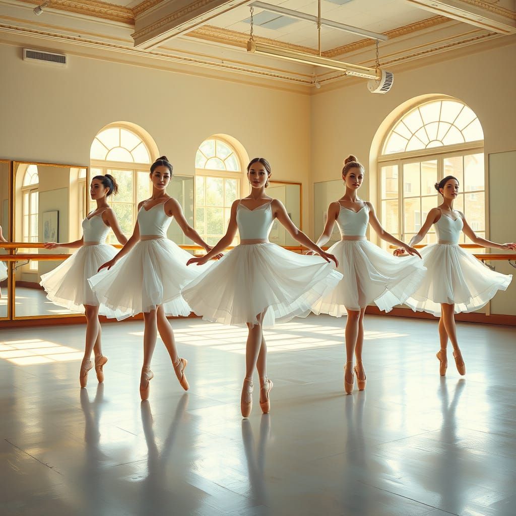 Elegant Ballerinas Dance in Sunlit Studio with Impressionist...