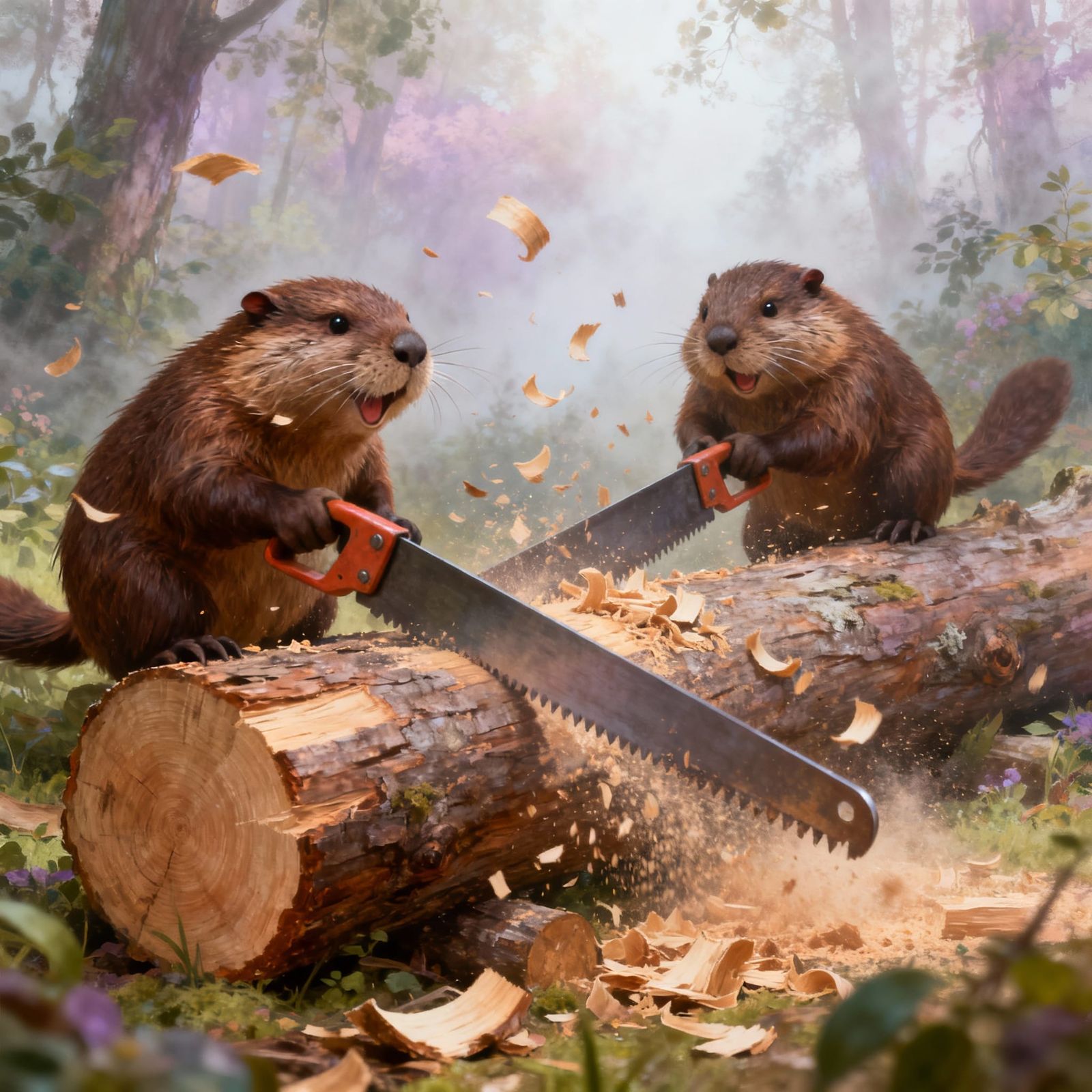 Beavers Sawing Giant Log in Whimsical Forest